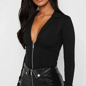 Manière De Voir Black Zip-Front Blazer Bodysuit with Corset Waist, Size 6